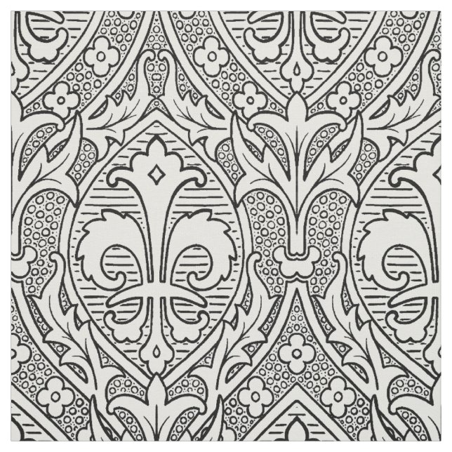 Tissu Renaissance gothique Fleur de Lys - noir et blanc (Échantillon)