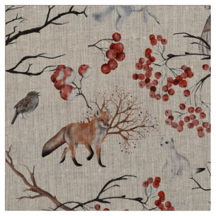 Tissu renard - hibou - écureuil - branches d'arbres