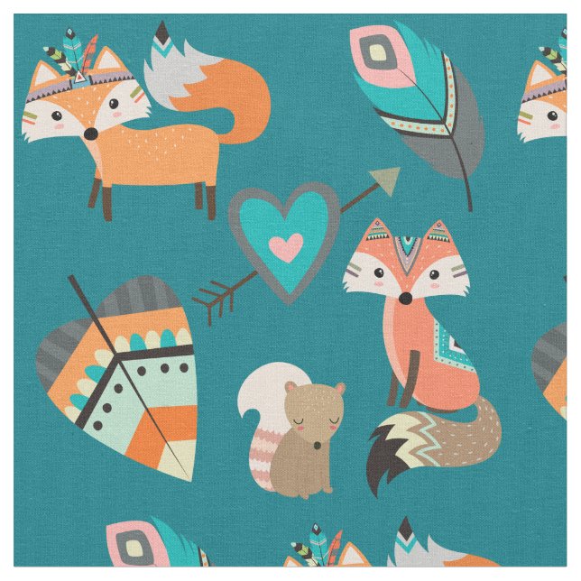 Tissu Renards tribaux mignons sur Teal (Fermer)