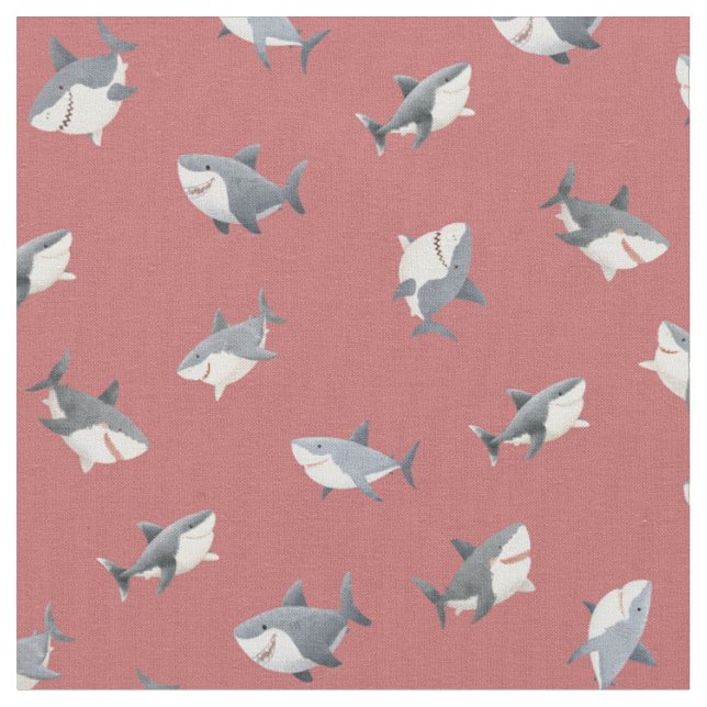 Tissu Requins à l'aquarelle jetés sur fond rouge délavé (Fermer)