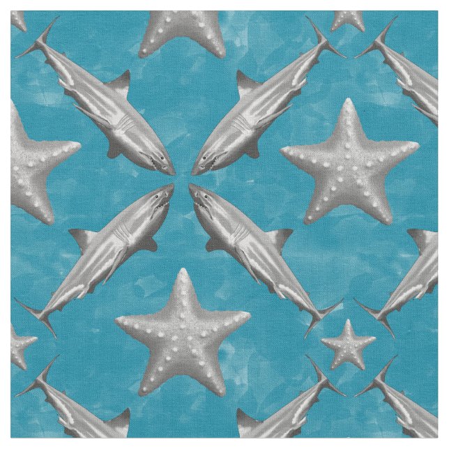 Tissu Requins Starfish Vie Océan Marine Côtier Bleu (Fermer)