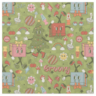Tissu rétro groovy 1970 disco sapin de Noël vert coche