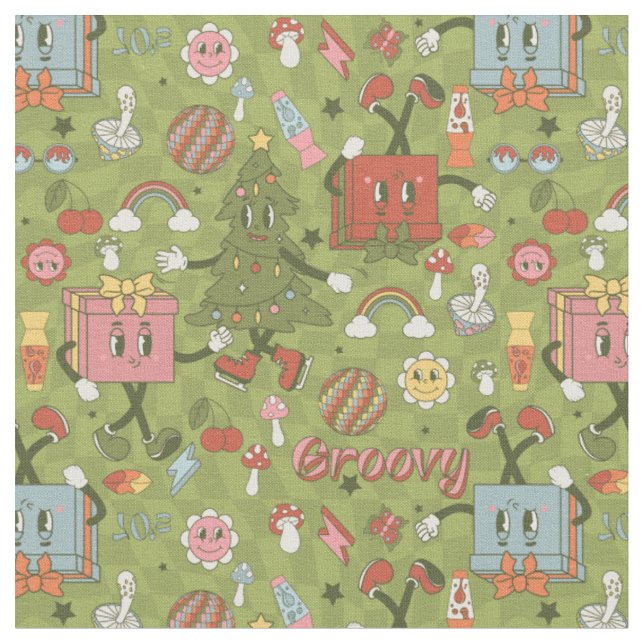 Tissu rétro groovy 1970 disco sapin de Noël vert coche (Fermer)