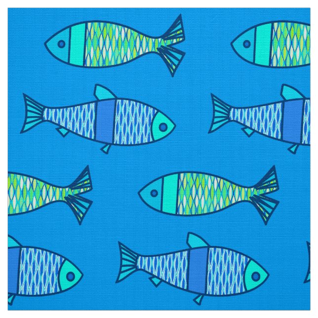Tissu Rétros poissons modernes, turquoise et bleu (Échantillon)