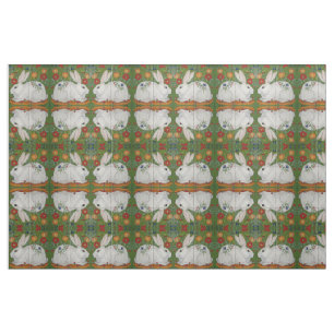 Tissu Reverse Blanc Rabbit Vert Floral Folk Art Fabric