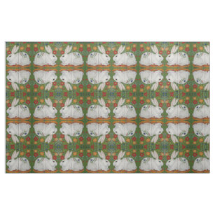 Tissu Reverse Blanc Rabbit Vert Floral Folk Art Fabric
