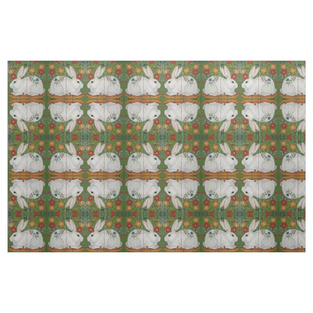 Tissu Reverse Blanc Rabbit Vert Floral Folk Art Fabric (Fat Quarter)