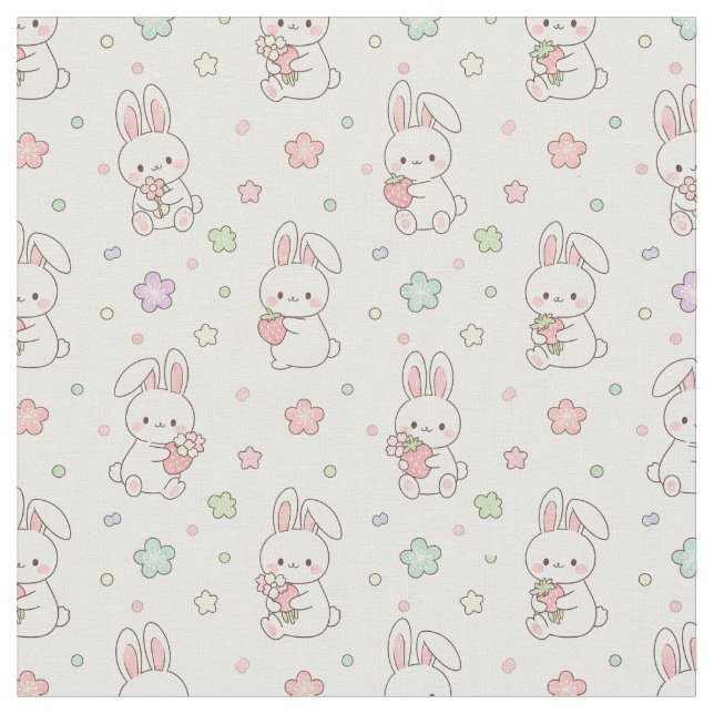 Tissu Rêves les plus doux : Lapin Kawaii et Fraise (Fermer)