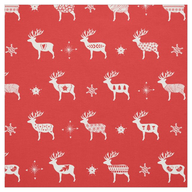 Tissu Rindeer scandinave Rouge & Blanc Vacances Folk Art (Échantillon)