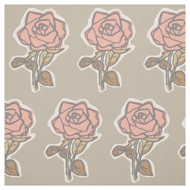 Tissu Robe florale taupe en impression de rose rose (Échantillon)