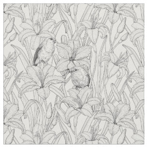 Tissu Robins et fleurs de lys, noir et blanc