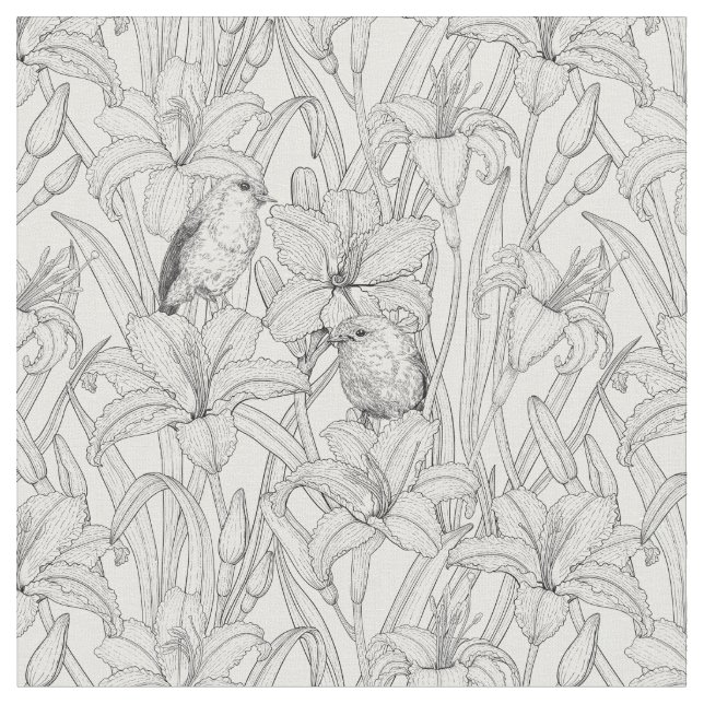 Tissu Robins et fleurs de lys, noir et blanc (Fermer)