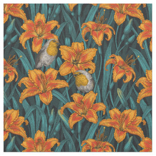 Tissu Robins et fleurs de lys, orange et bleu