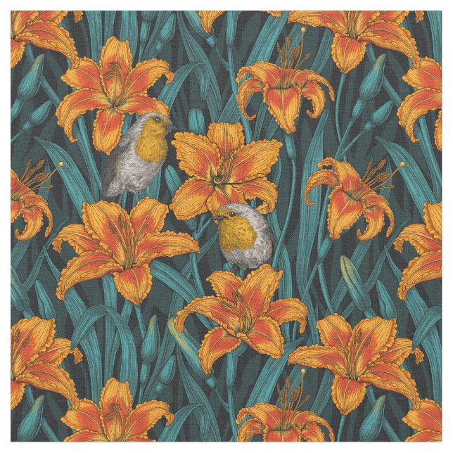 Tissu Robins et fleurs de lys, orange et bleu (Fermer)