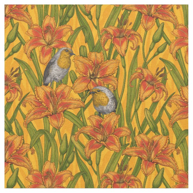 Tissu Robins et fleurs de lys, orange et vert (Fermer)