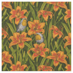 Tissu Robins et fleurs de lys, orange et vert foncé