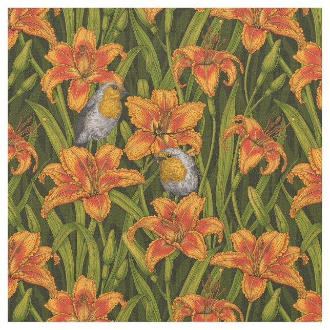 Tissu Robins et fleurs de lys, orange et vert foncé (Fermer)