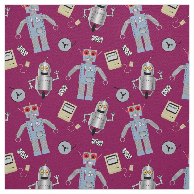 Tissu Robots et ordinateurs rétro mignons (Échantillon)