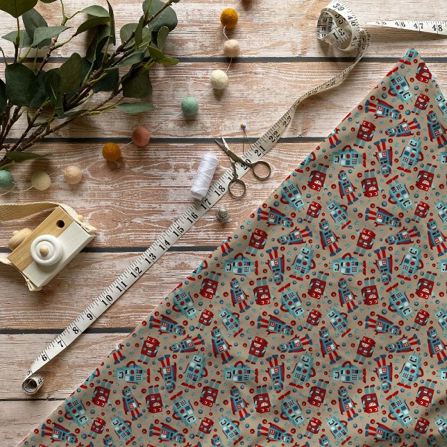 Tissu Robots rétro à motif bleu et rouge (Créateur téléchargé)