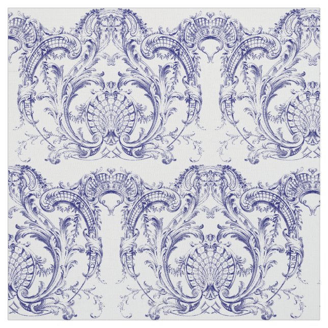Tissu Rococo Motif baroque bleu et blanc (Échantillon)