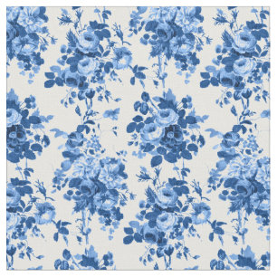Tissu Romantique Vintage Roses-Bleu sur Blanc