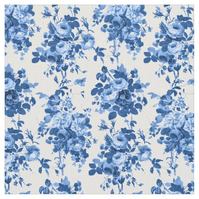 Tissu Romantique Vintage Roses-Bleu sur Blanc (Fermer)