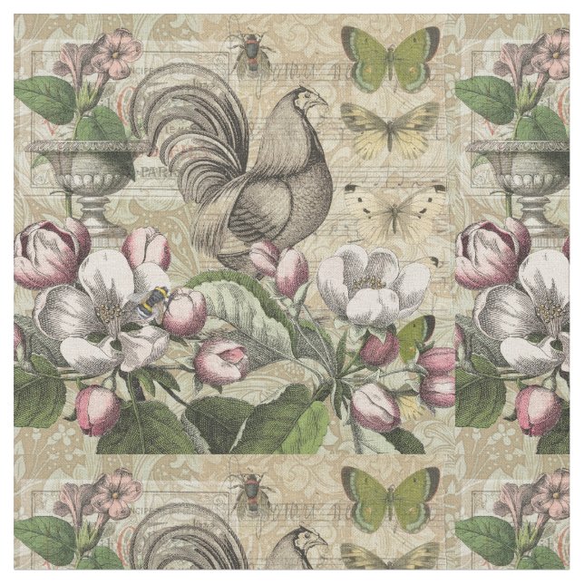 Tissu Rooster Garden Flower Papillon Art (Fermer)