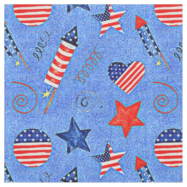 Tissu Roquettes 4e Juillet Etoiles Drapeau Rouge Blanc B (Fermer)