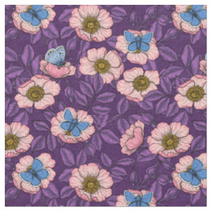 Tissu Rose de chien et papillons en rose et violet
