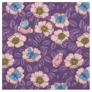 Tissu Rose de chien et papillons en rose et violet