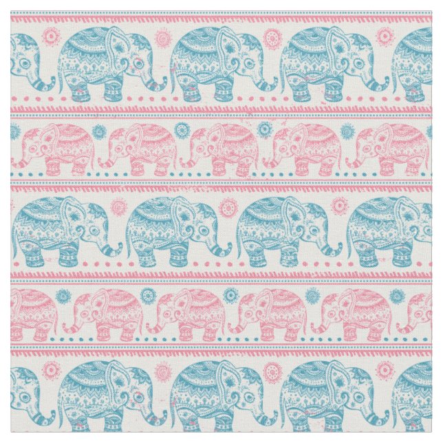 Tissu Rose et motif ethnique turquoise d'éléphant (Fermer)