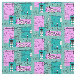 Tissu Rose lunatique moderne et bleu de poissons de la