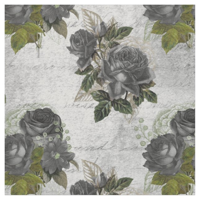 Tissu Rose noir et Feuilles verts en blanc (Fermer)
