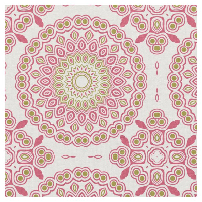 Tissu Rose rose et vert olive Médaillon kaléidoscopique (Fermer)
