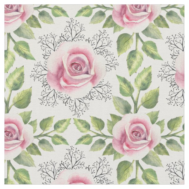 Tissu Rose Rose Vert Feuille Floral (Fermer)