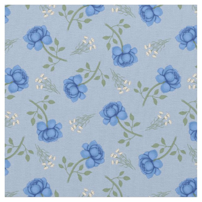 Tissu Roses bleues sur calicot bleu clair (Fermer)
