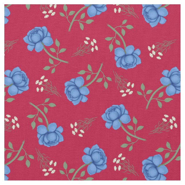 Tissu Roses bleues sur calicot rouge (Fermer)