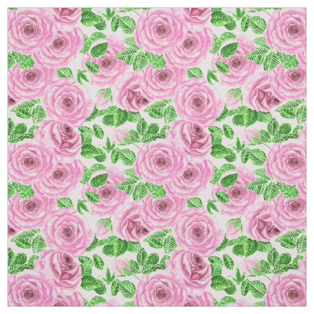 Tissu Roses d'aquarelle rose avec feuilles et bourgeons  (Échantillon)