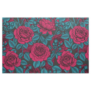 Tissu Roses en rouge et bleu