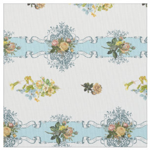 Tissu Roses jaunes chics de cottage et rubans bleus