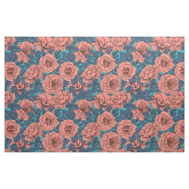 Tissu Roses roses avec feuilles bleus sur bleu (Fat Quarter)