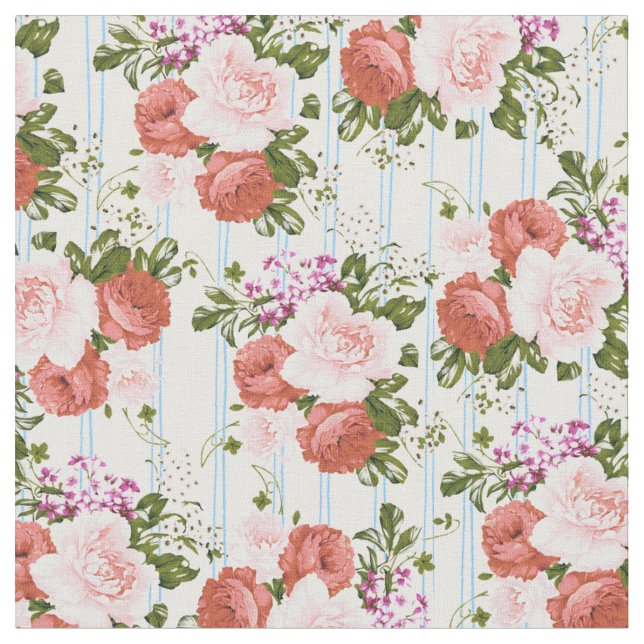 Tissu Roses roses de Bohême fleurs rayures bleues pastel (Fermer)