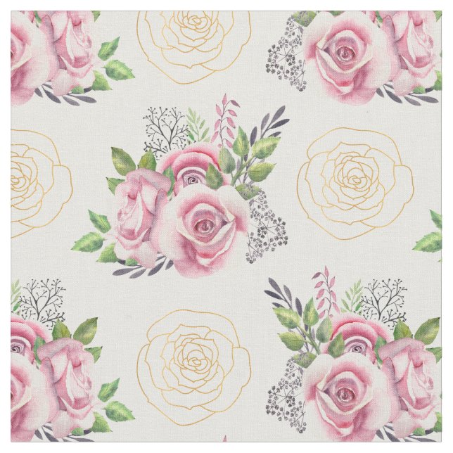 Tissu Roses roses et fleurs dorées aquarelle (Fermer)
