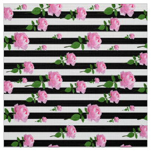 Tissu Roses Roses Rose Fleur Sur Bandes Blances Noires