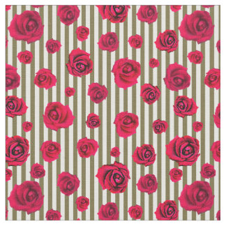 Tissu Roses rouges et rayures vertes