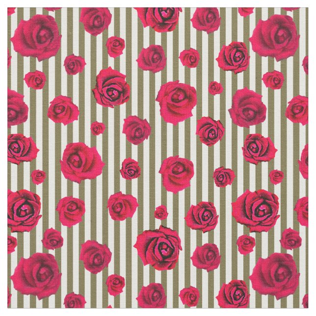 Tissu Roses rouges et rayures vertes (Fermer)