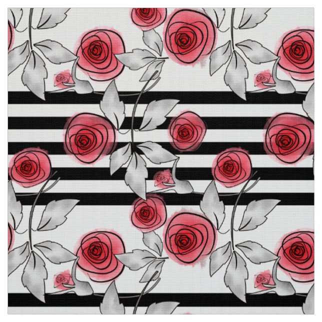 Tissu Roses rouges, étoffe rose aquarelle (Échantillon)