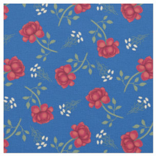 Tissu Roses rouges sur calicot bleu moyen