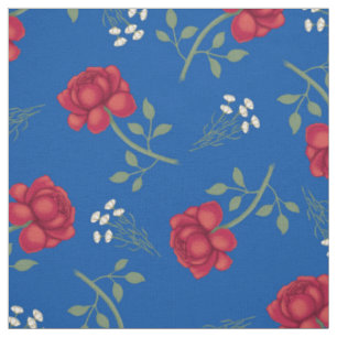 Tissu Roses Rouges sur Calicot Bleu Moyen Surdimensionné