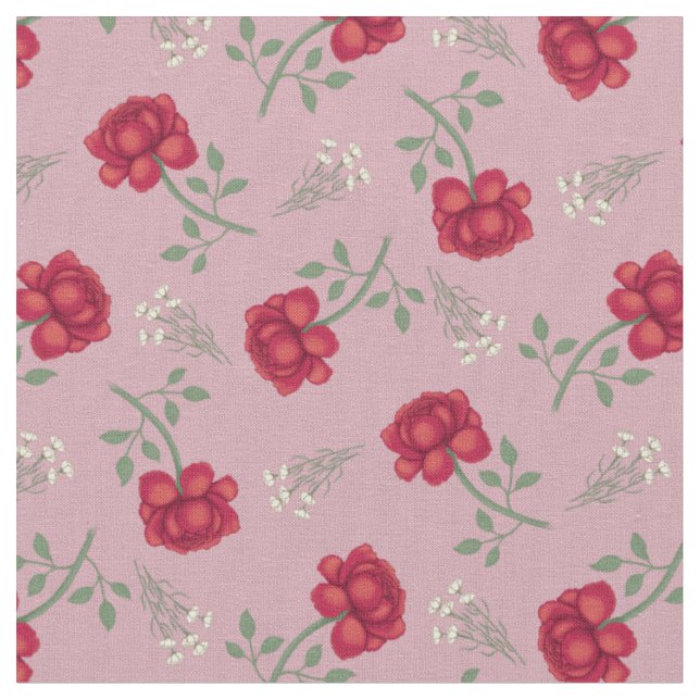 Tissu Roses rouges sur calicot rose (Fermer)